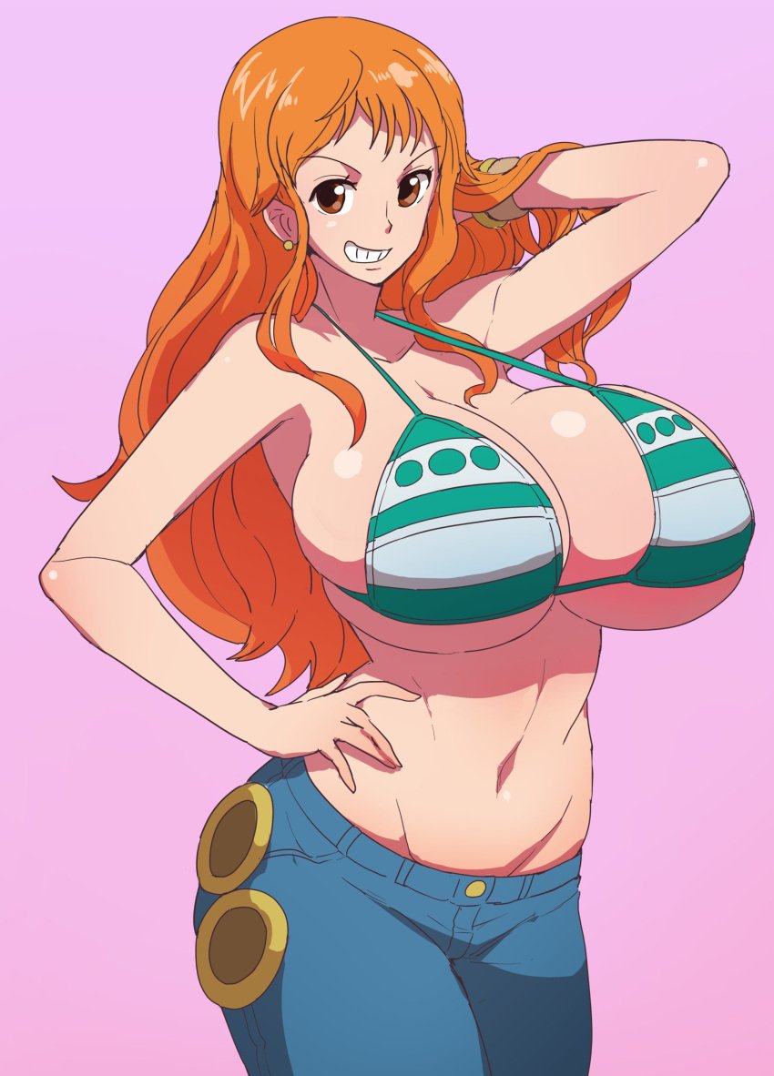 2girls big_breasts bikini_top breasts female female_focus female_only huge_breasts jeans large_breasts nami nami_(one_piece) one_piece orange_hair post-timeskip sasaki666 shounen_jump tagme