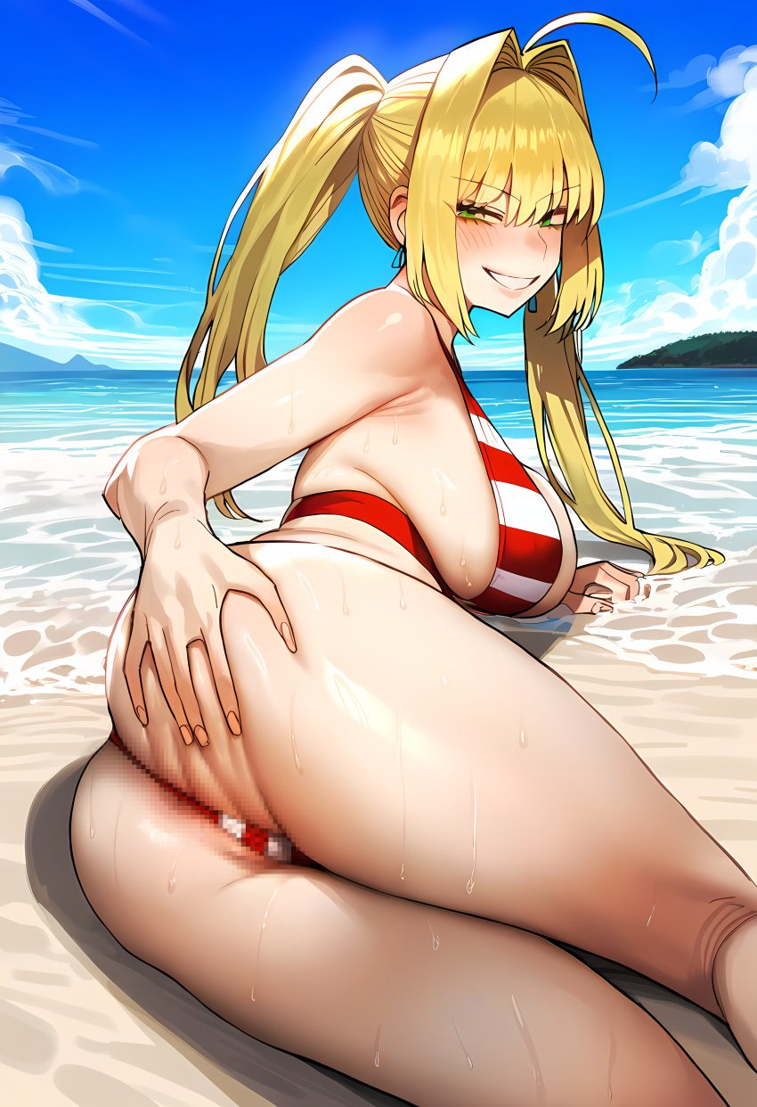 1-a_dot ai_generated bikini blonde_hair censored fate/extra fate/grand_order fate_(series) green_eyes nero_claudius_(fate) nero_claudius_(swimsuit_caster) thick_ass thick_thighs