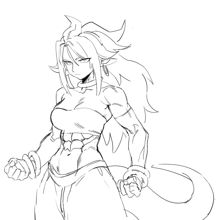 1girls abs android_21 arabian athletic_female belly_button black_and_white dragon_ball dragon_ball_fighterz dragon_ball_z fit_female harem_outfit jewelry long_hair looking_at_viewer majin_android_21 medium_breasts muscular_arms muscular_female navel pencil_(artwork) pointy_ears six_pack spiked_hair spiky_hair tail zquung