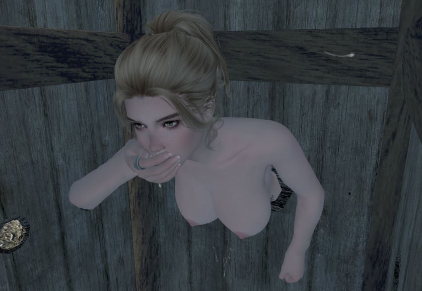 1girls 3d breasts covering_mouth fallingtho female female_only gerdur glory_hole medieval modded nipples nord pink_nipples realization skyrim stuck