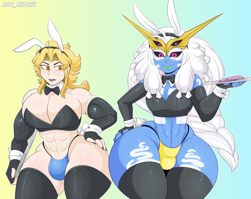 2boys alduinafterdark alduingijinka alien ambush_(trap) armwear blonde_hair blue_skin bulge bunny_ears bunnysuit cleavage condoms dio_brando femboy fingerless_gloves fu_[jess_baptiste_vi] jojo's_bizarre_adventure lipstick long_hair male_only no_more_heroes thick_thighs thighhighs thong vampire white_hair