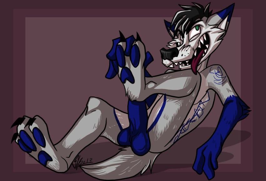 1boy anthro balls canine darkfawks fatalsyndrome hindpaw male male_only mammal paws smile solo tongue wolf