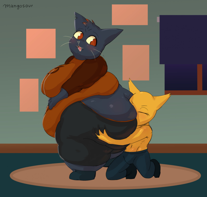 1boy 1girls anthro ass big_ass big_belly big_breasts black_fur breasts chubby chubby_female curvy fat_arms fat_ass feline female fur furry furry_only gregg_(nitw) gregg_lee huge_ass huge_belly humanoid mae_borowski male night_in_the_woods obese obese_female overweight overweight_female thick_thighs weight_gain weight_gain_drive wide_hips