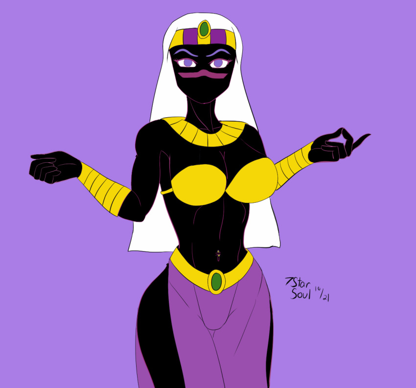 1girls 7starsoul alien alien_girl alien_humanoid armbands belt black_body black_skin clothed crown duck_dodgers facial_mark female female_only golden_bikini_top humanoid jewelry looney_tunes martian martian_(duck_dodgers) necklace no_visible_genitalia purple_eyes purple_skirt queen_tyr'ahnee see-through_skirt slit_skirt solo warner_brothers white_hair