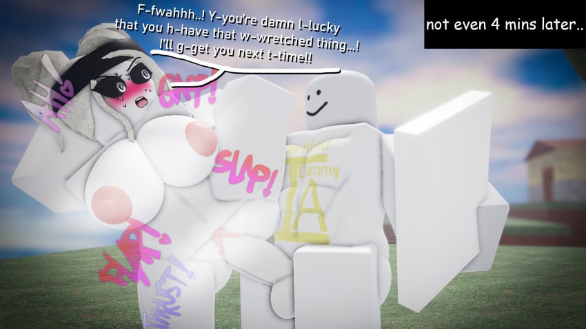 1boy 1girls 3d abs blush breasts combat_dummy dialogue english_text item_asylum ithor onomatopoeia roblox roblox_game robloxian rule_63 tagme text vaginal_penetration vale_rr34