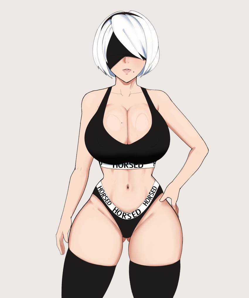 1girls android android_girl blindfold breasts calvin_klein female g3mma horsed huge_breasts light-skinned_female light_skin nier nier:_automata panties short_hair sports_bra text_on_clothing thick_thighs thighhighs white_hair yorha_2b