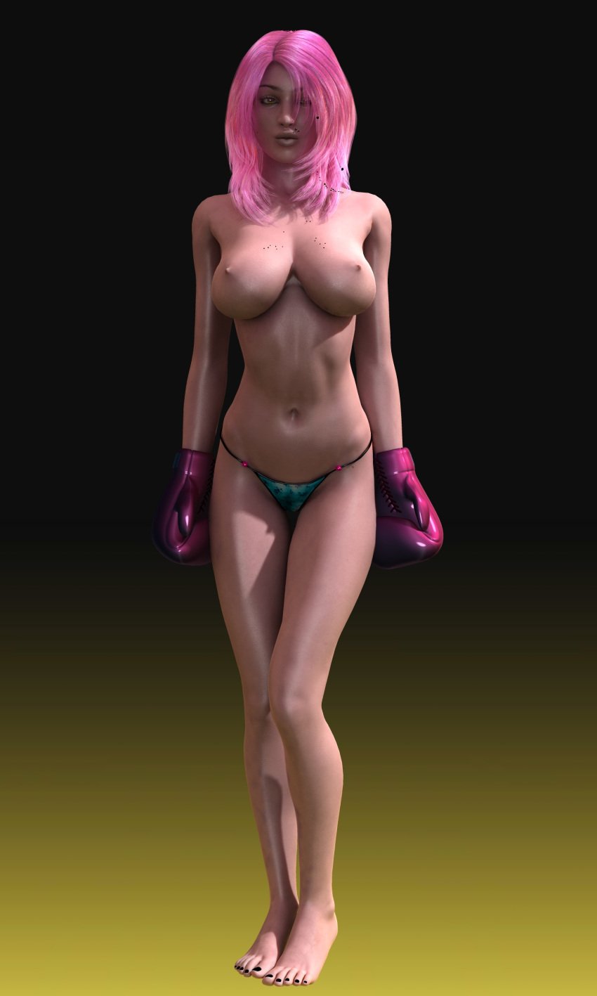 1girls 3d 3d_(artwork) boxing boxing_gloves cb1964 female female_only gloves green_panties medium_breasts original original_character panties pink_boxing_gloves pink_gloves pink_hair solo tagme topless topless_female