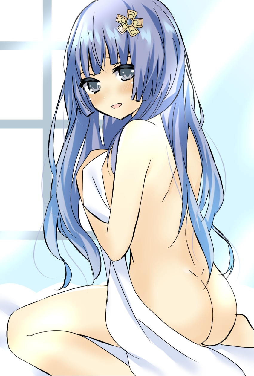 1girls ass blanket blue_eyes blue_hair date_a_live izayoi_miku long_hair naked_female nude sitting teenage_girl teenager window young younger_female