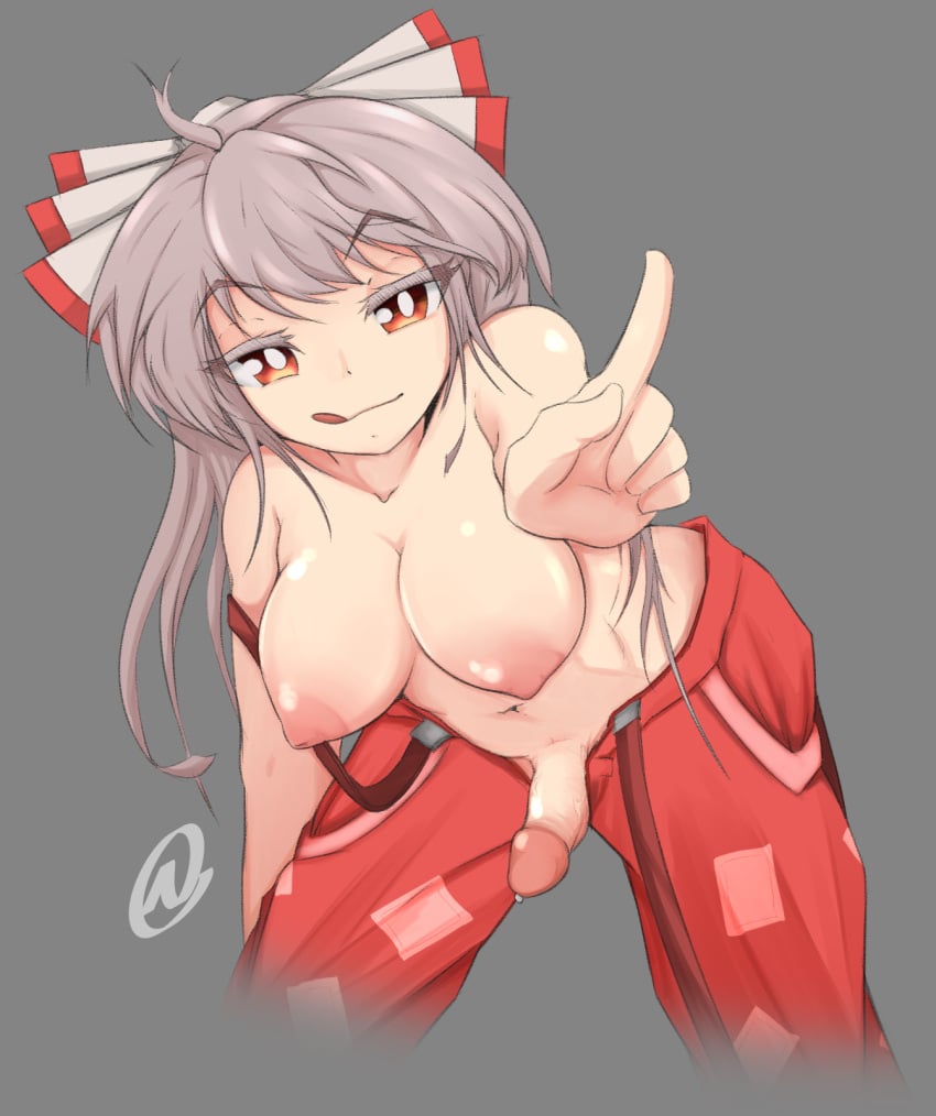 1futa areolae bent_over big_breasts breasts breasts_out clothed clothing erection fujiwara_no_mokou futa_only futa_sans_balls futanari grey_hair human licking_lips light-skinned_futanari light_skin long_hair nanostar nipples partially_clothed penis pointing_at_viewer solo topless touhou uncensored uncensored_penis