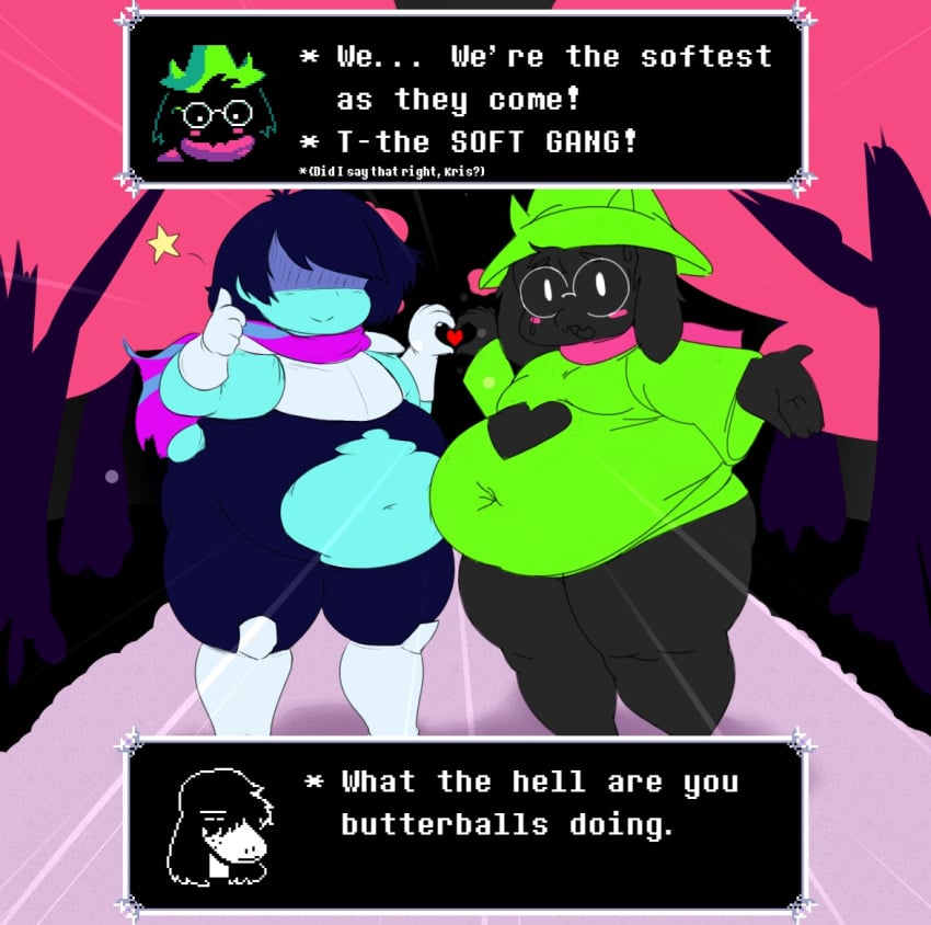 1girls 2boys belly belly_button bodysuit cute deltarune fat kris_(deltarune) obese obese_anthro obese_female obese_male purrine ralsei ralsei_(deltarune) ralsei_with_black_fur stuttering susie_(deltarune) text text_box text_bubble torn_bodysuit torn_clothes torn_clothing