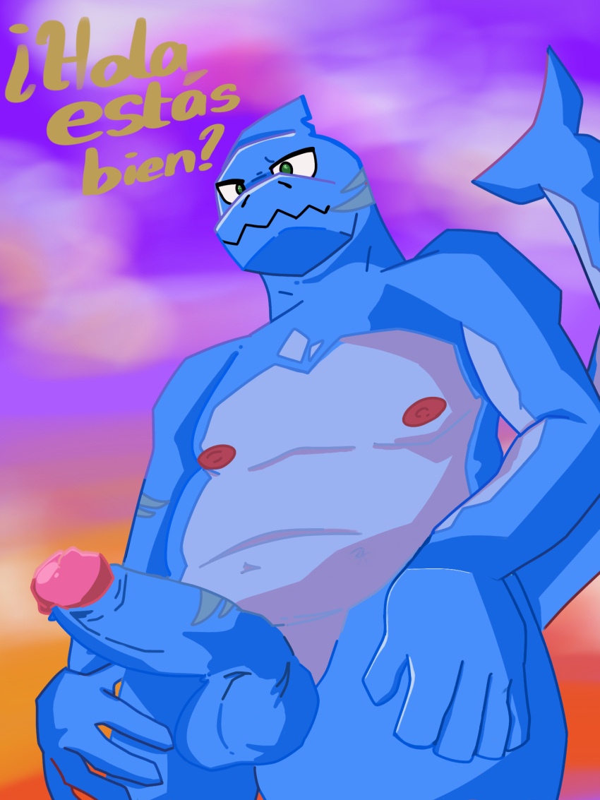 anthro beach boy clouds gay happy looking_at_viewer looking_down man_boobs moobs nipples one_male penis shark shark_boy shark_tail shark_teeth sky