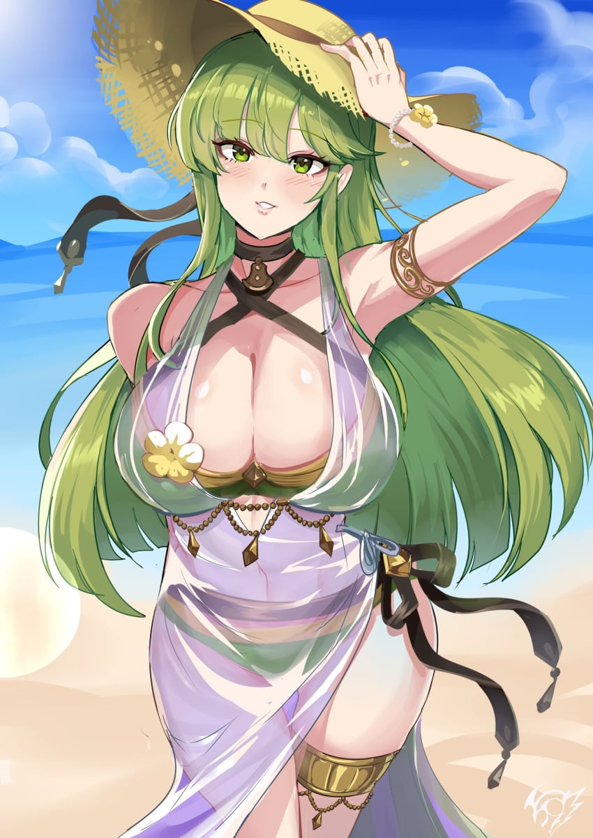 1girls big_breasts breasts cleavage clothed clothing female female_only fire_emblem green_eyes green_hair light-skinned_female light_skin long_hair nintendo palla_(fire_emblem) revolverwingstudios solo sun_hat