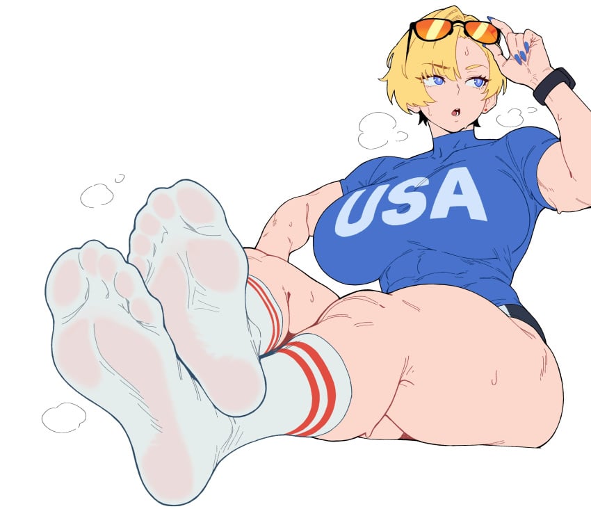 1girls abs absurd_res american american_female black_panties blonde_hair blue_eyes blue_shirt chengchezhiice english_text feet female foot_fetish huge_breasts huge_thighs long_socks looking_away muscle_girl muscle_mommy muscular muscular_female oc orange_glasses original original_character sitting sitting_female steam steaming_body steamy_breath steamy_feet tall_socks white_socks