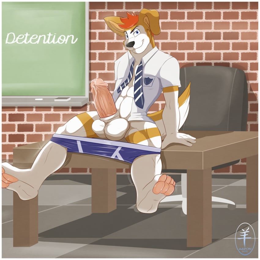 1boy aaron_(artist) abs anthro balls big_penis canine detention erection fur furry hair male male_only mammal muscles pawpads paws penis precum school sitting solo student table teasing