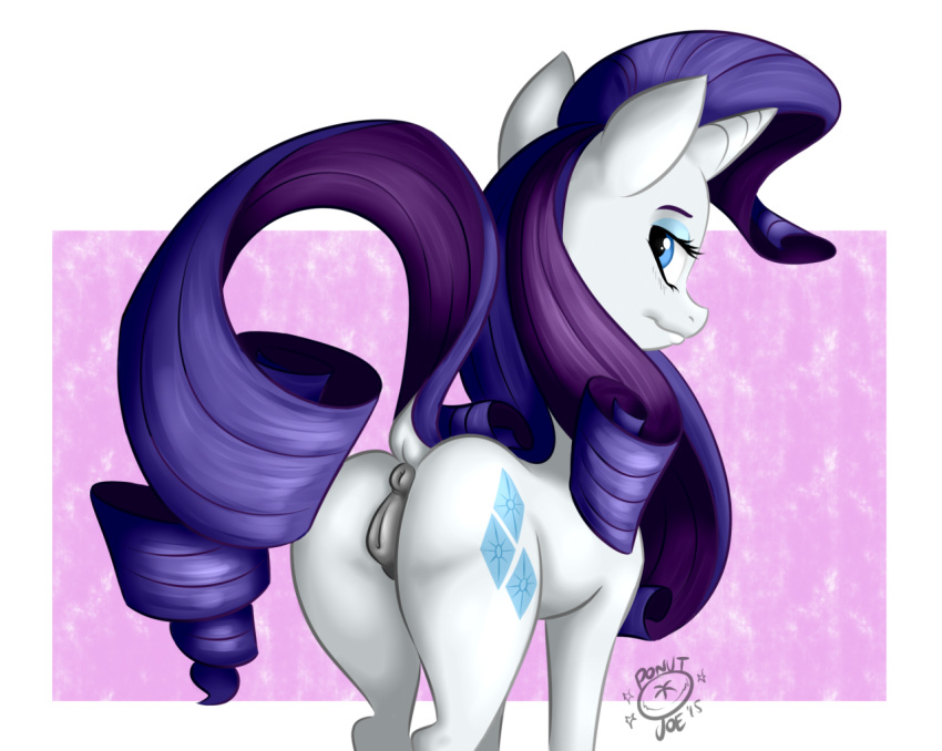 2015 abstract_background anatomically_correct anatomically_correct_pussy animal_genitalia anus ass blue_eyes cutie_mark equine equine_pussy female feral friendship_is_magic fur hair horn horse long_hair looking_at_viewer looking_back mammal my_little_pony ponut_joe pony presenting puffy_anus purple_hair pussy raised_tail rarity_(mlp) simple_background solo unicorn white_fur