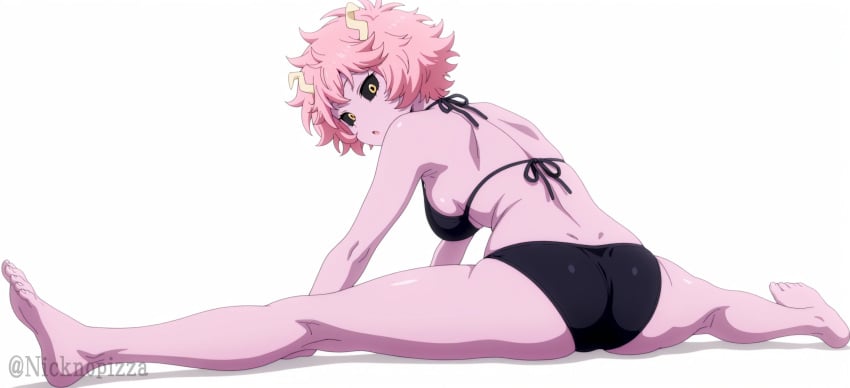 1girl :o ai_generated ankles armpits artist_name ashido_mina ass ass_focus back bare_foot bare_hips bare_legs bare_shoulders barefoot bikini bikini_bottom bikini_top black_bikini black_sclera boku_no_hero_academia bones_(company) breasts clothing colored_sclera colored_skin curvy energetic feet female flexible from_behind full_body gyaru halterneck heroine hips horn horns large_breasts legs looking_at_viewer looking_back medium_breasts mina_ashido my_hero_academia open_mouth pink_hair pink_skin sassy seductive_body sexy sexy_body short_hair shounen_jum sideboob simple_background sitting soles solo split spread_legs stretching superheroine swimsuit toes twitter_username white_background yellow_eyes