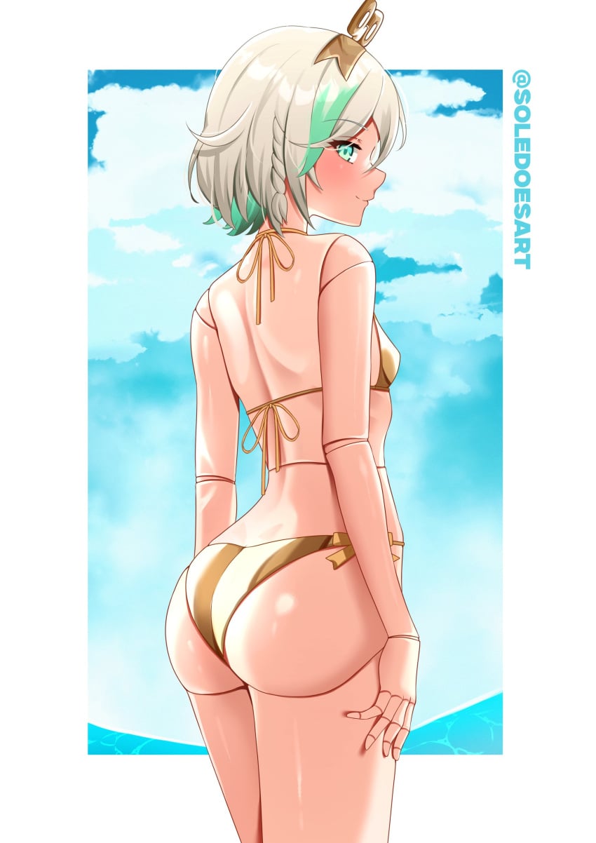 1girls ass automaton bikini cecilia_immergreen doll_joints gold_bikini hololive hololive_english hololive_english_-justice- short_hair slutty_female solevis_on