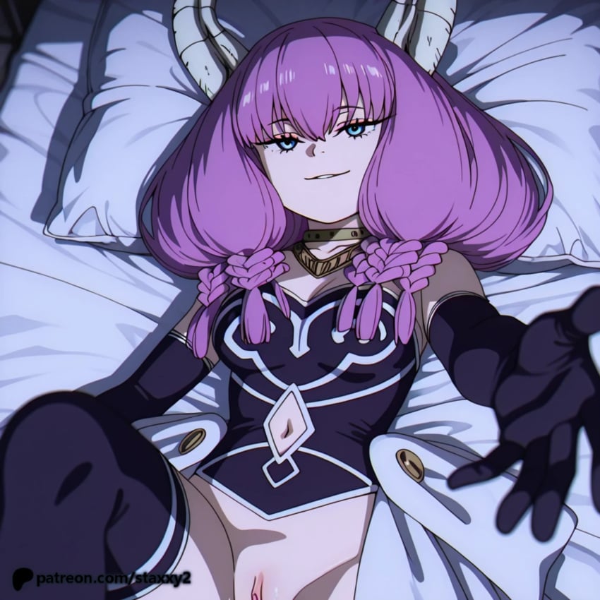 1boy ai_generated animated anime anime_style aura_(sousou_no_frieren) big_breasts black_gloves blue_eyes blush braid breasts curvaceous curvaceous_female curvaceous_figure curvy curvy_figure elbow_gloves fanart fellatio female female_focus frieren_beyond_journey's_end gloves horns large_breasts looking_at_viewer nipples nude oral patreon patreon_logo patreon_username penis pov pov_crotch purple_hair solo_focus sousou_no_frieren straight sweat twin_braids uncensored upturned_eyes voluptuous voluptuous_female