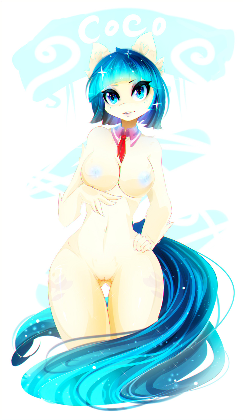 2015 anthro blue_eyes blue_hair blue_nipples breasts coco_pommel equine female friendship_is_magic hair koveliana mammal my_little_pony navel nipples nude pussy royaltride solo thigh_gap