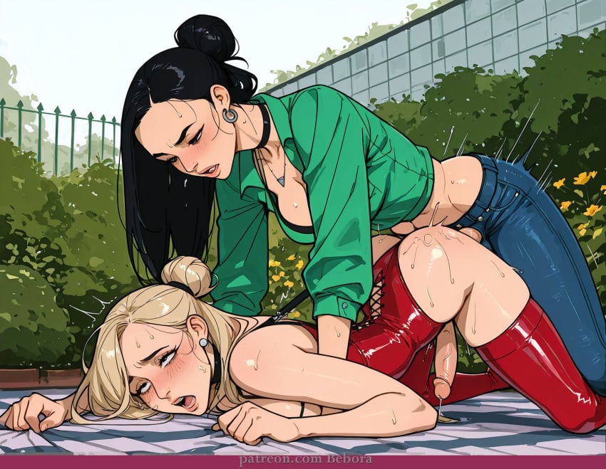 2girls ai_generated ass bebora black_choker black_hair blonde_hair blue_pants blush breasts bush choker cleavage clothed_sex cum day debbie_grayson denim earrings ejaculating_while_penetrated ejaculation futa_with_futa futanari hair_bun invincible jeans jewelry long_hair motion_lines multiple_girls necklace open_mouth outdoors pants penis sex sex_from_behind shirt single_hair_bun sweat thighhighs top-down_bottom-up uncensored