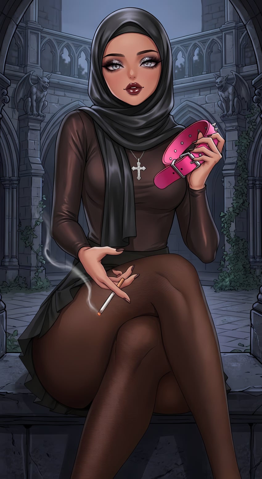 ai_generated arabian collar goth goth_girl goth_makeup hijab hijabi pantyhose skirt smoking smoking_cigarette tanned tanned_female tanned_skin
