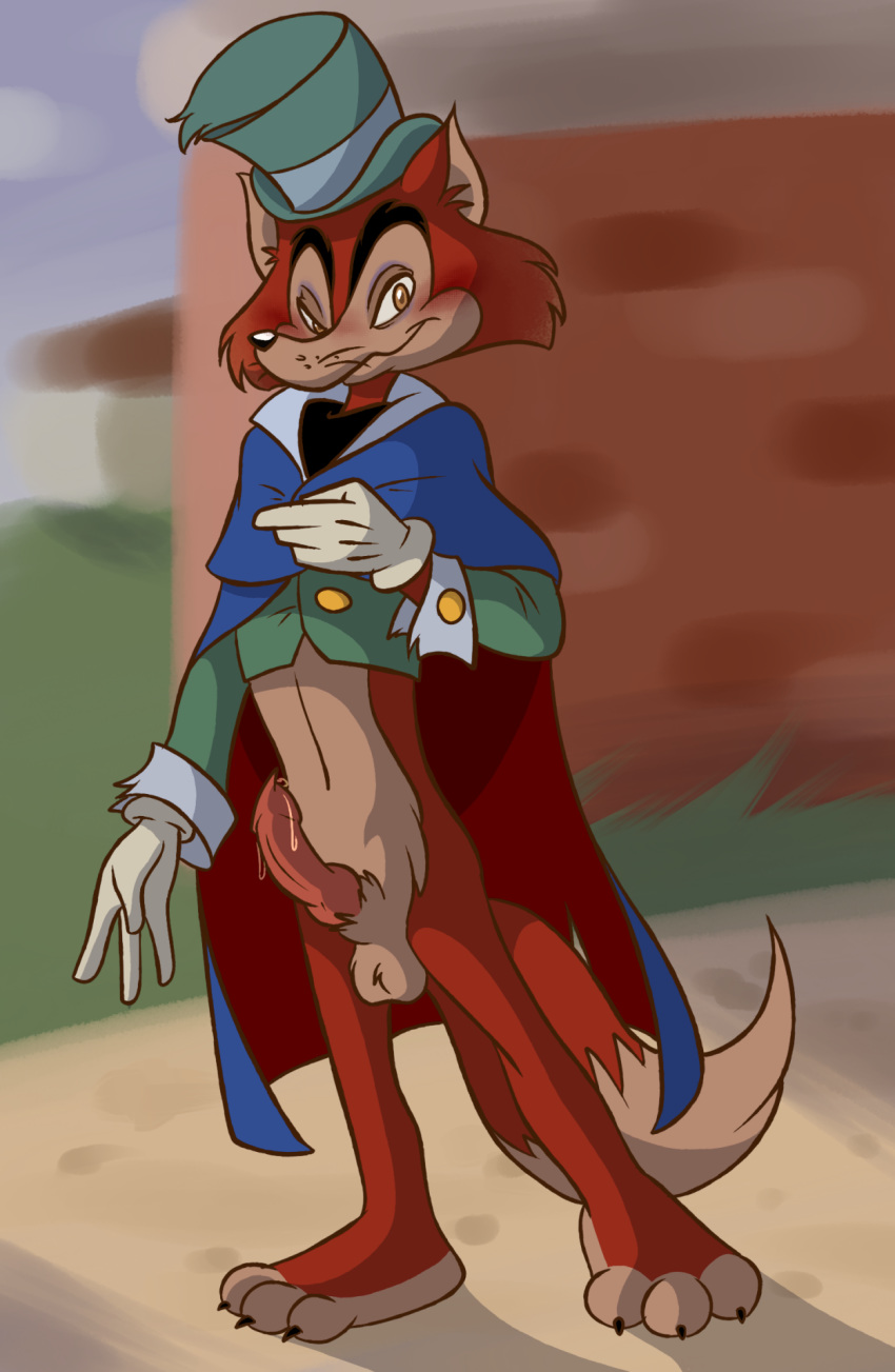 1boy anthro balls blush bottomless brown_eyes canine claws clothed clothing disney foulfellow fox gloves half-dressed hat knot ladysomnambule male male_only mammal penis pinocchio precum smile solo standing testicles top_hat whiskers white_gloves