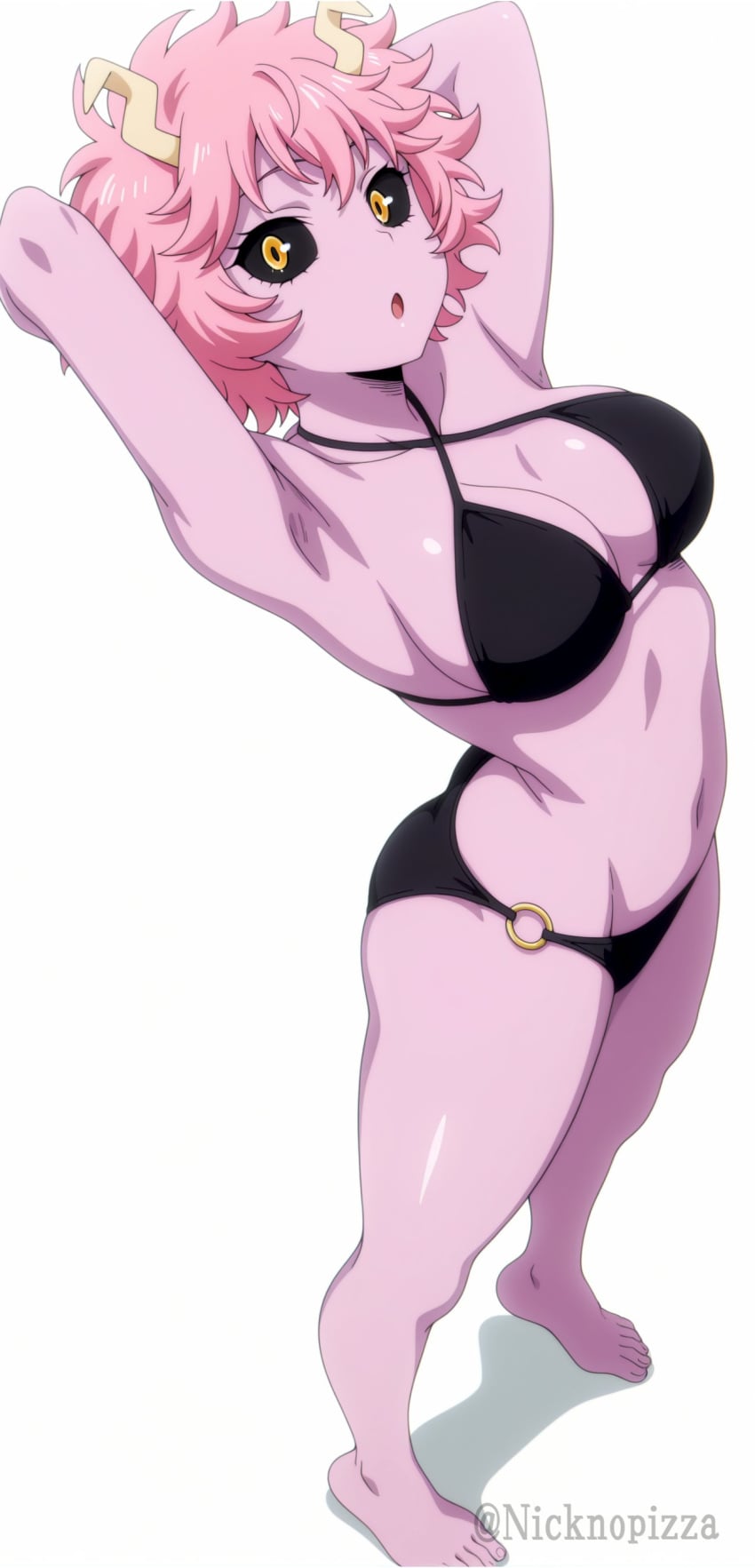 1girl ai_generated ankles armpits ashido_mina ass bare_foot bare_hips bare_legs bikini_bottom bikini_top black_bikini black_sclera boku_no_hero_academia bones_(company) curvy energetic feet gyaru heroine hips horn legs mina_ashido my_hero_academia pink_hair pink_skin sassy seductive_body sexy sexy_body shounen_jum stretching superheroine toes yellow_eyes