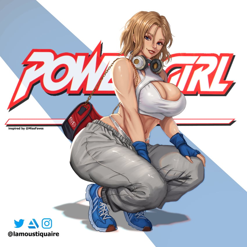 1girls artist_name big_breasts blonde_hair breasts cleavage clothed clothing dc dc_comics female female_only gym_clothes headphones_around_neck light-skinned_female light_skin power_girl solo workout_clothes