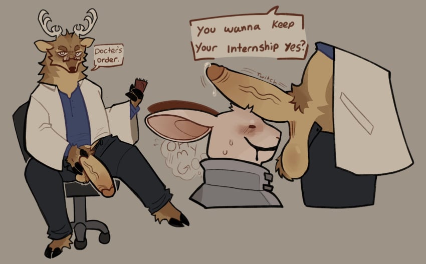 ambiguous_gender animal_hospital anthro antlers balls cervine deadmeatboar deer digital_media_(artwork) dr._harlow_(animal_hospital) duo english_text fur genitals hi_res horn humanoid_genitalia humanoid_penis lagomorph leporid male male/ambiguous mammal penis rabbit red_deer roblox tail text