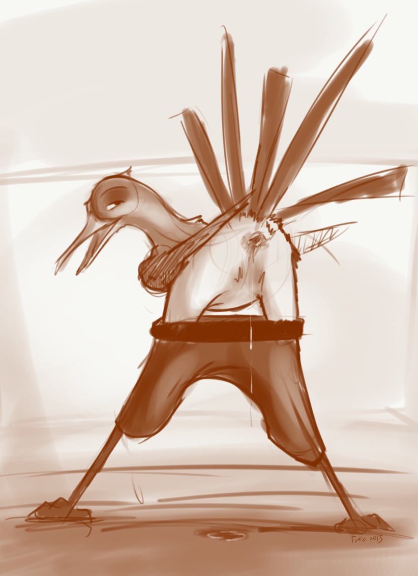 2015 anthro anus avian bent_over clothing feathers kung_fu_panda leaking looking_at_viewer looking_back male male_only master_crane monochrome pants pants_down presenting presenting_anus raised_tail signature sketch solo tail_feathers tuke