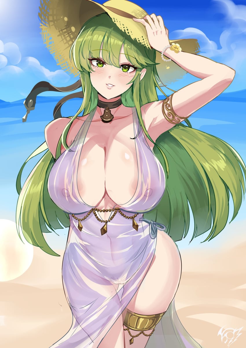 1girls areolae breasts female female_only fire_emblem green_hair large_breasts light-skinned_female long_hair nintendo nipples nipples_visible_through_clothing palla_(fire_emblem) revolverwingstudios see-through see-through_clothing solo