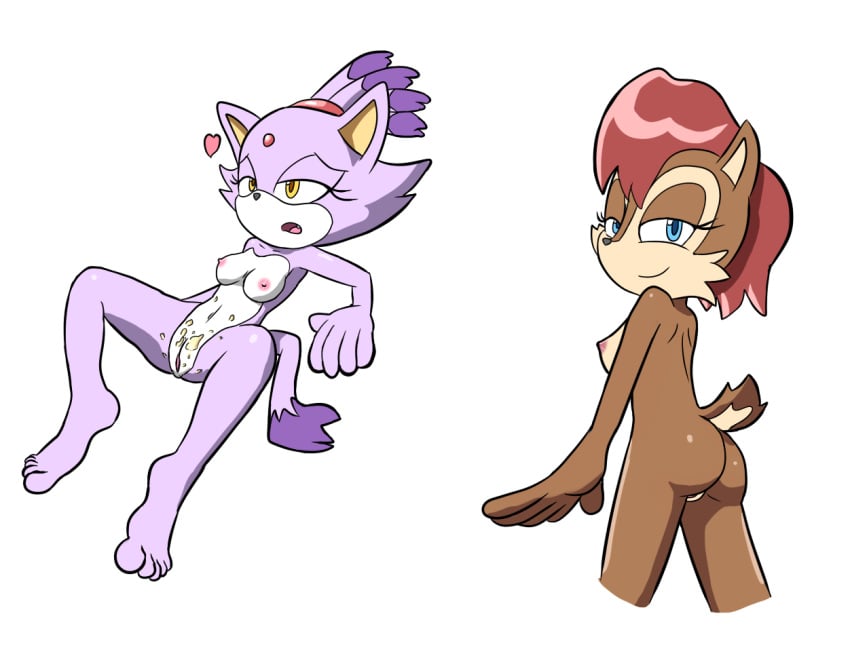 anthro ass back blaze_the_cat chipmunk cum duo feline feline female goshaag hindpaw human_feet lying mammal nude open_mouth paws pussy rodent sally_acorn sega smile sonic_(series)