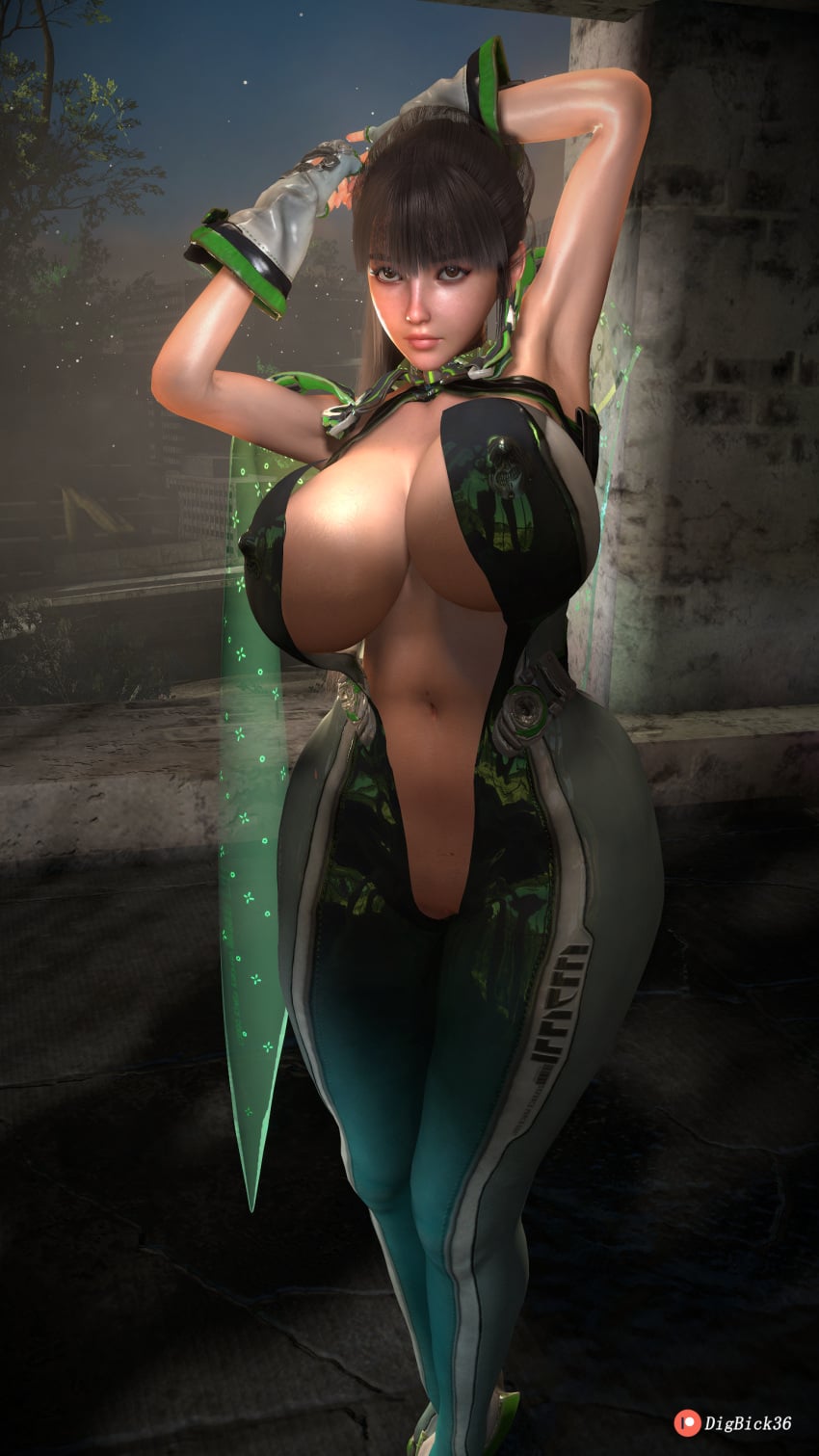 1girls 3d 3d_(artwork) artist_name artist_request belly big_breasts bodysuit breasts brown_eyes brown_hair eve_(stellar_blade) female female_focus female_only girl gloves half-dressed half_nude image nipple_bulge open_clothes pose posing shift_up stellar_blade