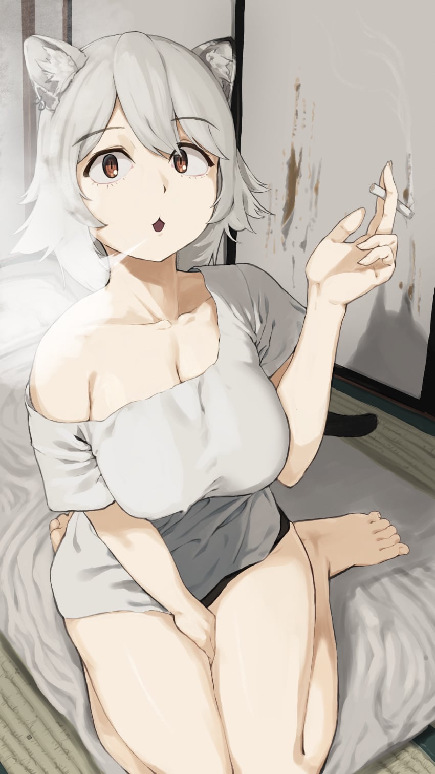 1girl 1girls :3 absurd_res artist_request barefoot chainsmoker_cat cigarette female female_focus full_body fusuma futon hand_up highres holding indoors looking_at_viewer medium_breasts on_floor panties shirt short_sleeves sitting smoke smoking solo solo_female t-shirt tatami undewear wariza yani_neko yani_neko_(yani_neko)