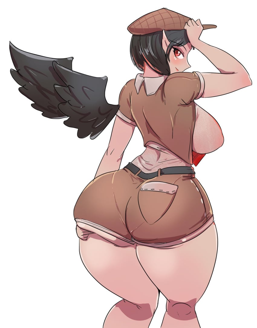 big_ass black_hair greenm nipple_bulge reporter shameimaru_aya shameimaru_aya_(newsboy) tagme tengu thick thick_thighs touhou wings