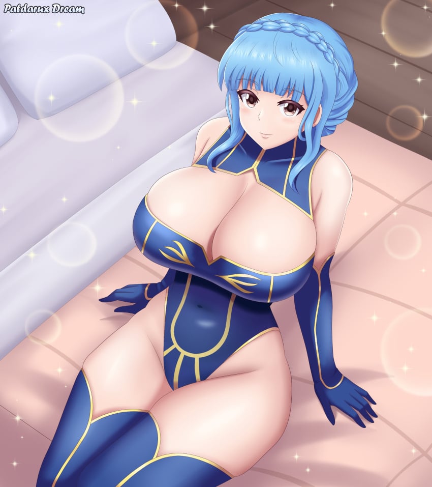 1girls alternate_costume artoria_pendragon_(lancer)_(cosplay) bare_thighs bed blue_hair braid breasts brown_eyes cleavage cleavage_cutout cosplay covered_navel crossover deep_cleavage elbow_gloves fate/grand_order fate_(series) female female_only fire_emblem fire_emblem:_three_houses from_above gloves huge_breasts leotard looking_at_viewer looking_up marianne_von_edmund nintendo on_bed patdarux pillow short_hair sidelocks sitting skindentation smile solo sparkle thick_thighs thighhighs thighs