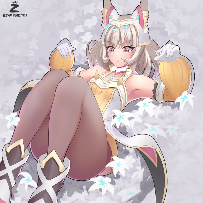 black_leggings black_legwear cat_ears core_crystal female flower flowers fully_clothed leggings lying lying_on_back nia nia_(xenoblade) nintendo open_mouth solo thick_ass thick_thighs wide_hips xenoblade_(series) xenoblade_chronicles_3 yellow_clothing yellow_eyes zambonito