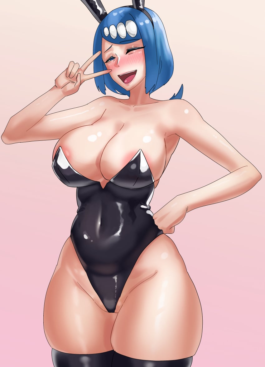 1girls areola_slip areolae big_breasts black_bunnysuit black_thighhighs blue_hair blush breasts bunny_ears bunnysuit cleavage fake_animal_ears female female_only game_freak hair hand_on_hip huge_breasts lana's_mother_(pokemon) legwear light-skinned_female light_skin lips mature mature_female mature_woman milf mother one_eye_closed peace_sign pokemon pokemon_sm rominas short_hair smile solo thick_thighs thighhighs thighs wide_hips wink winking