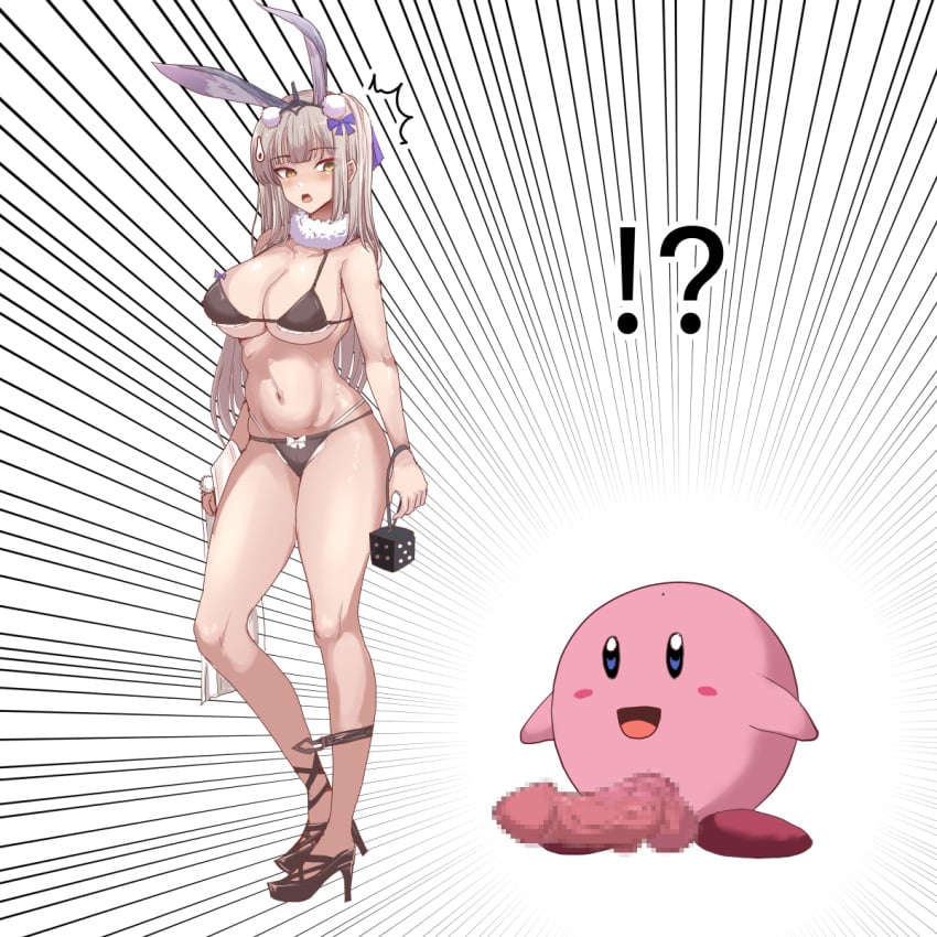 !? ^^^ animal_ears bikini black_bikini black_footwear blue_bow bow breasts censored cleavage closed_mouth commentary_request crossover emphasis_lines female full_body grey_hair hairbow high_heels highres holding_dice kaavi kirby kirby_(series) large_breasts long_hair looking_to_the_side mahjong_soul mosaic_censoring penis pun rabbit_ears rabbit_girl simple_background surprised sweatdrop swimsuit tataeroero what white_background