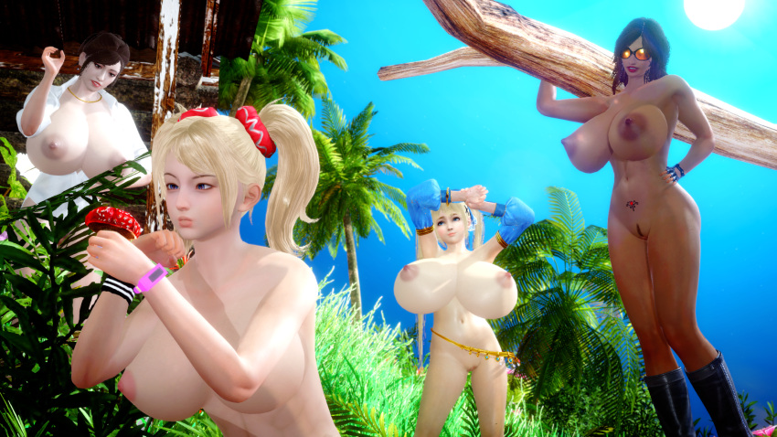 3d 4girls artemisdev brazilian brazilian_female crossover dark-skinned_female dark_skin dead_or_alive female female_only gigantic_breasts juliet_starling katarina_alves lollipop_chainsaw marie_rose nude_female outdoors tekken tekken_7