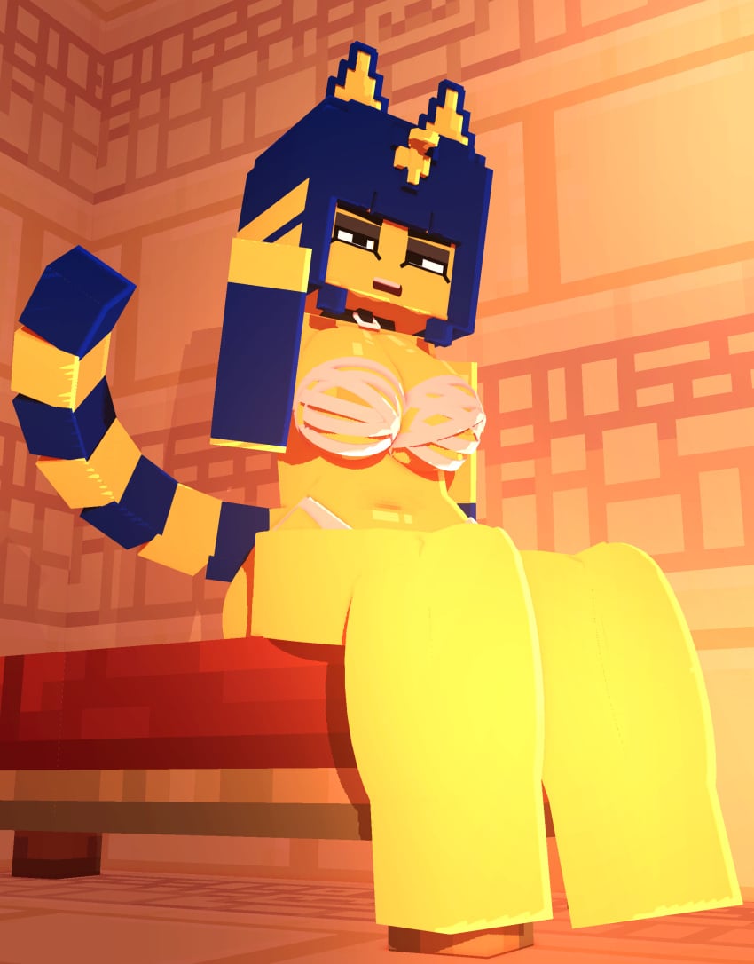 3d_(artwork) angbandages angry angry_face animal_crossing ankha ankha_(animal_crossing) anthro ass bandage bandaged_chest big_breasts black_eyes blue_hair breasts canid cat_girl catgirl collar coresvoid curvy curvy_body curvy_female curvy_figure dark-skinned_male digital_media_(artwork) domestic_cat felid feline felis female fur genitals hair hi_res horny_female huge_breasts mad makeup mammal microsoft mine-imator minecraft mojang nintendo panties simple_background solo steve_(minecraft) tail thick_thighs thighs xbox_game_studios yellow_body yellow_nipples