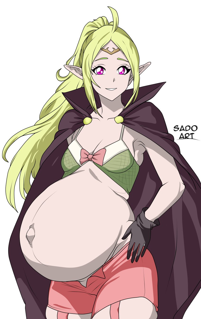 1girls ahoge bare_thighs big_belly blonde_hair breasts cape cleavage female female_only fire_emblem fire_emblem_awakening garter_straps gloves grin long_hair looking_at_viewer navel nintendo nowi_(fire_emblem) pink_eyes pointy_ears ponytail popped_navel pregnant sado_art shorts skindentation small_breasts smile solo thick_thighs thighs very_long_hair white_background yellow_hair