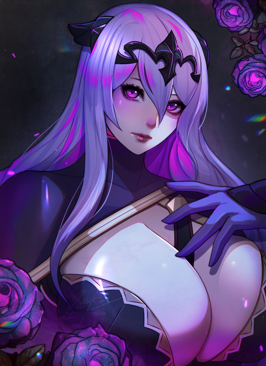 1girls breasts camilla_(fire_emblem) cleavage_cutout clothing_cutout double-parted_bangs fake_horns female female_only fire_emblem fire_emblem_fates flower gloves hair_between_eyes highres horns huge_breasts looking_at_viewer nintendo portrait purple_eyes purple_flower purple_hair purple_rose rose solo tiara upper_body xuuikie xuuikie_ashe