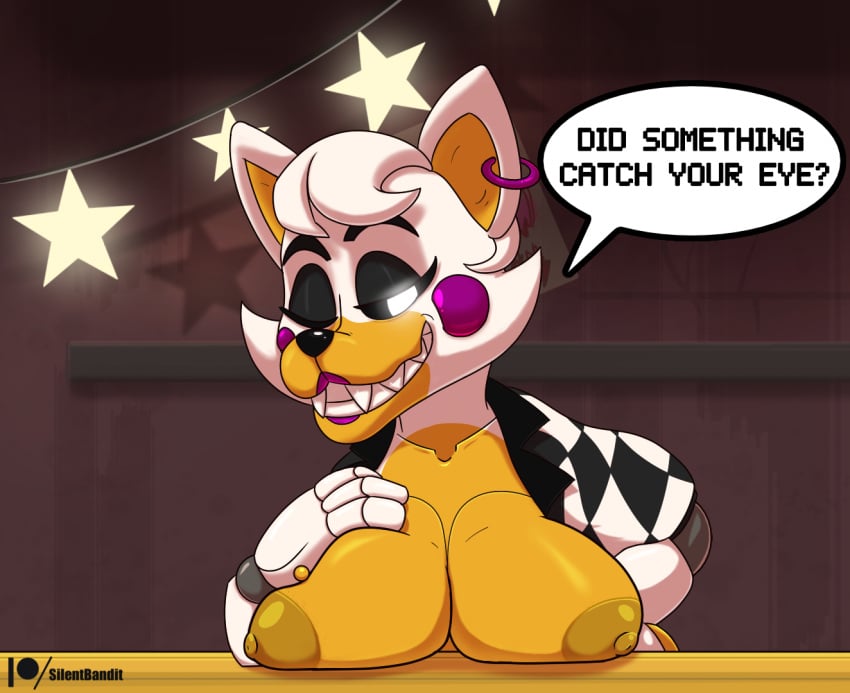 2024 animatronic anthro breast_squish breasts canid canine clothed clothing colored dialogue digital_media_(artwork) ear_piercing ear_ring english_text eyebrows female five_laps_at_freddy's five_nights_at_freddy's five_nights_at_freddy's_world flashing flashing_breasts fox furniture glowing glowing_eyes hand_on_breast lips lipstick lolbit_(fnaf) looking_at_viewer machine makeup mammal multicolored_body on_model orange_body piercing purple_cheeks ring_piercing robot scottgames shaded shaded_background sharp_teeth silentbandit simple_background sister_location smile solo speech_bubble squish star table teeth text thick_eyebrows topless topless_anthro topless_female topwear white_body