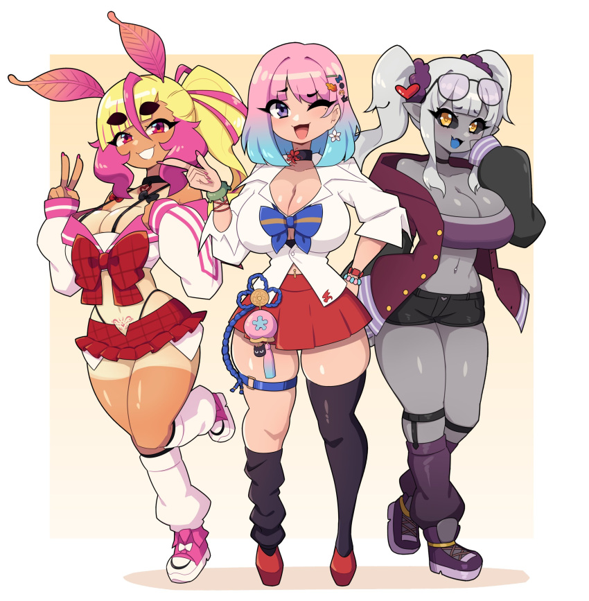 3females 3girls amber_eyes antennae_(anatomy) black_sclera blue_hair breasts female female_only grey-skinned_female grey_skin gyaru hi_res ichigo_lemonade indie_virtual_youtuber j5daigada kumo_kuddelmuddel light-skinned_female light_skin looking_at_viewer pink_hair purple_eyes red_eyes reiyuguigui smiling smiling_at_viewer tagme tagme_(character) tan_skin tanline thighhighs thighs two_tone_hair virtual_youtuber white_background white_hair wink winking_at_viewer yellow_hair