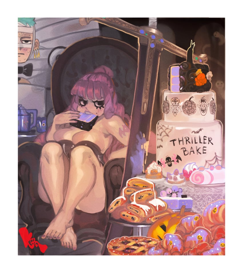 1girls 2023 big_breasts breasts cake croissant female female_focus food keziedra male nude one_piece pastry perona pie pink_hair postcard pumpkin roronoa_zoro sweets sword thriller_bark