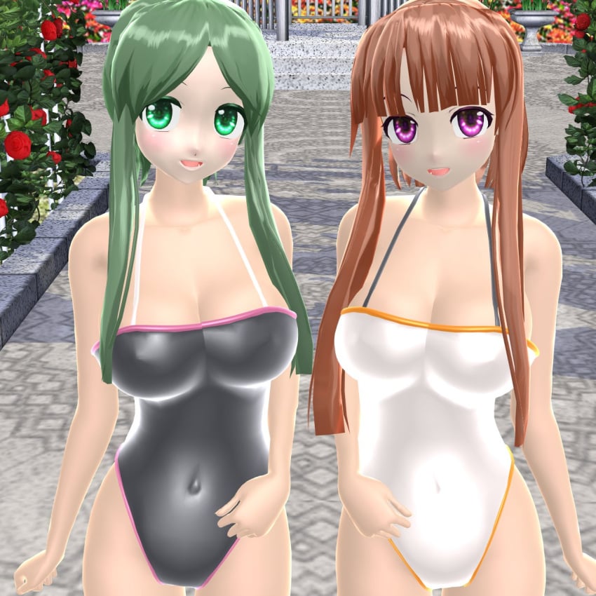 2024 2girls 3d_(artwork) black_swimsuit breasts brown_hair duo_female garden green_eyes green_hair hati_yukkuri_mmd hidden_star_in_four_seasons human light-skinned_female looking_at_viewer mmd nishida_satono pink_eyes smiling_at_viewer swimsuit swimwear teireida_mai touhou white_swimsuit