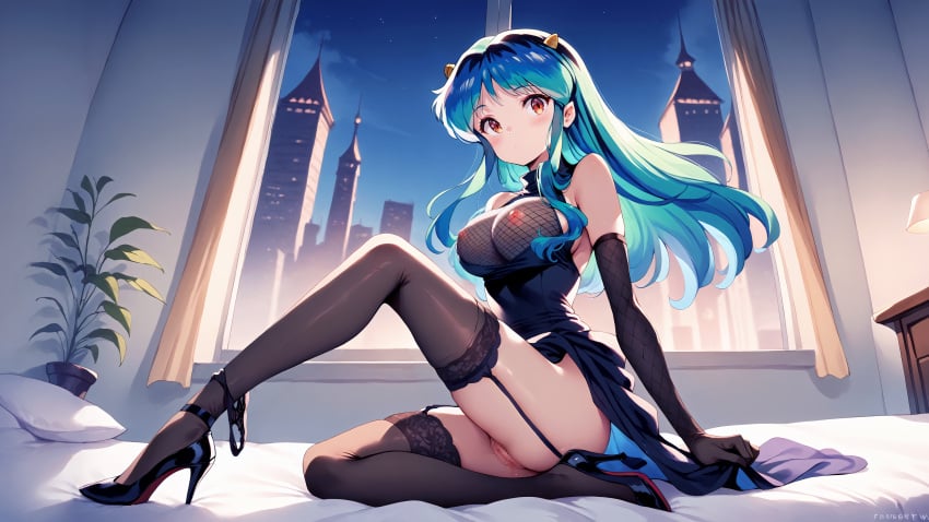 16:9 16:9_aspect_ratio 1female 1girls ai_generated alien alien_girl alien_humanoid bangs big_breasts breasts censored_pussy city_background commentary_request dress english_commentary female female_only hi_res high_heels highres long_hair lum mosaic_censoring mosaic_censorship multicolored_hair pussy solo solo_female tagme uncensor_request urusei_yatsura very_high_resolution