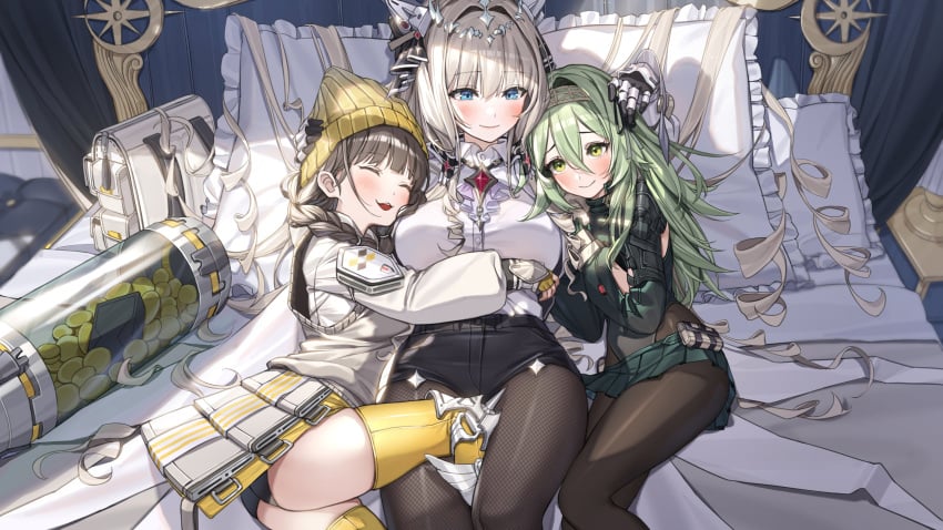 3girls adorable bed chime_(nikke) crown_(nikke) goddess_of_victory:_nikke green_hair high_resolution hug kilo_(nikke) piyo_(pixiv_2308057) royalty tagme white_hair wholesome