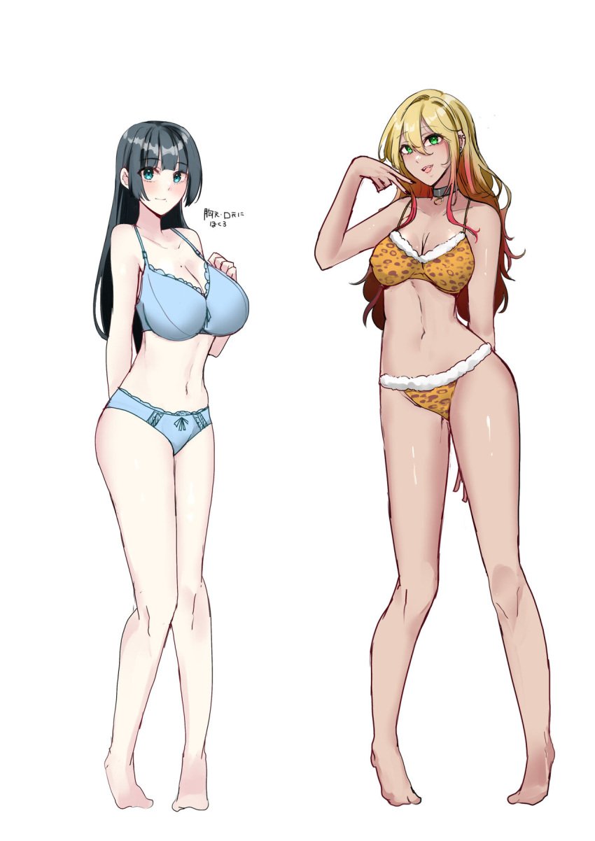 2girls bangs barefoot blonde_hair blonde_to_pink_hair blue_bra blue_eyes blue_panties blunt_bangs bow bow_bra bow_panties bra breasts choker cleavage close_rim_open green_eyes gyaru leopard_print leopard_print_bra leopard_print_panties long_hair multiple_girls navel open_clothes open_mouth original original_character panties panty_peek underwear